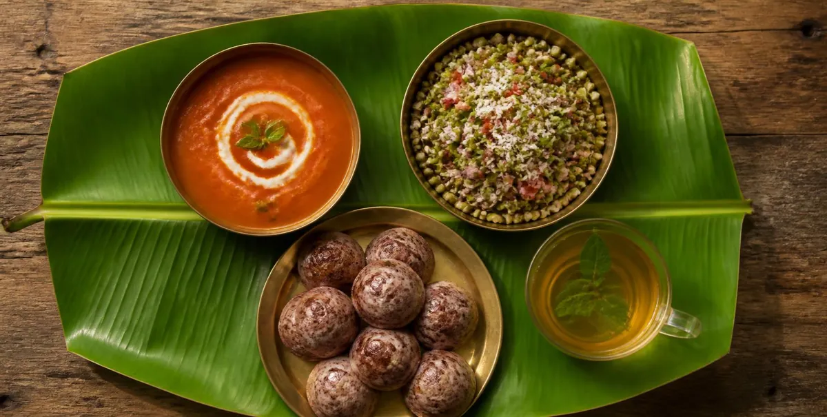 Illustration: soup, sprouts salad, ragi paniyaram and a herbal infusion served on a banana leaf